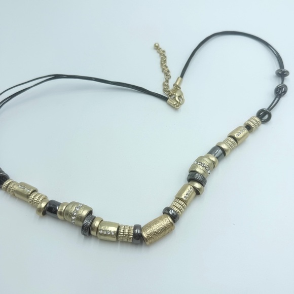 Chico’s Chunky Gold-Tone Bead Necklace on Leather Cord with Rhinestones - Picture 6 of 8